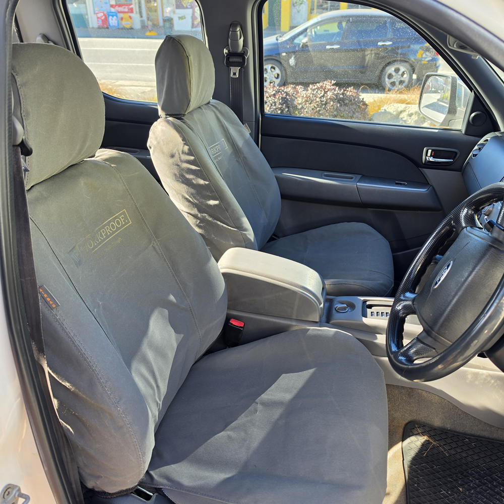 Ford Ranger 2006–2010 front seat fitted with charcoal canvas seat covers