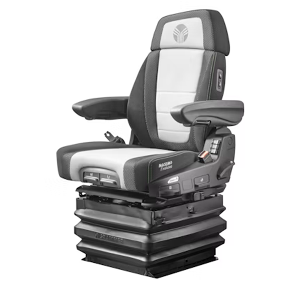 Grammer MAXIMO XT Evolution MSG97EL/741 tractor seat fitted with a black WorkProof heavy-duty canvas seat cover, designed for protection against dirt, wear, and harsh agricultural conditions.