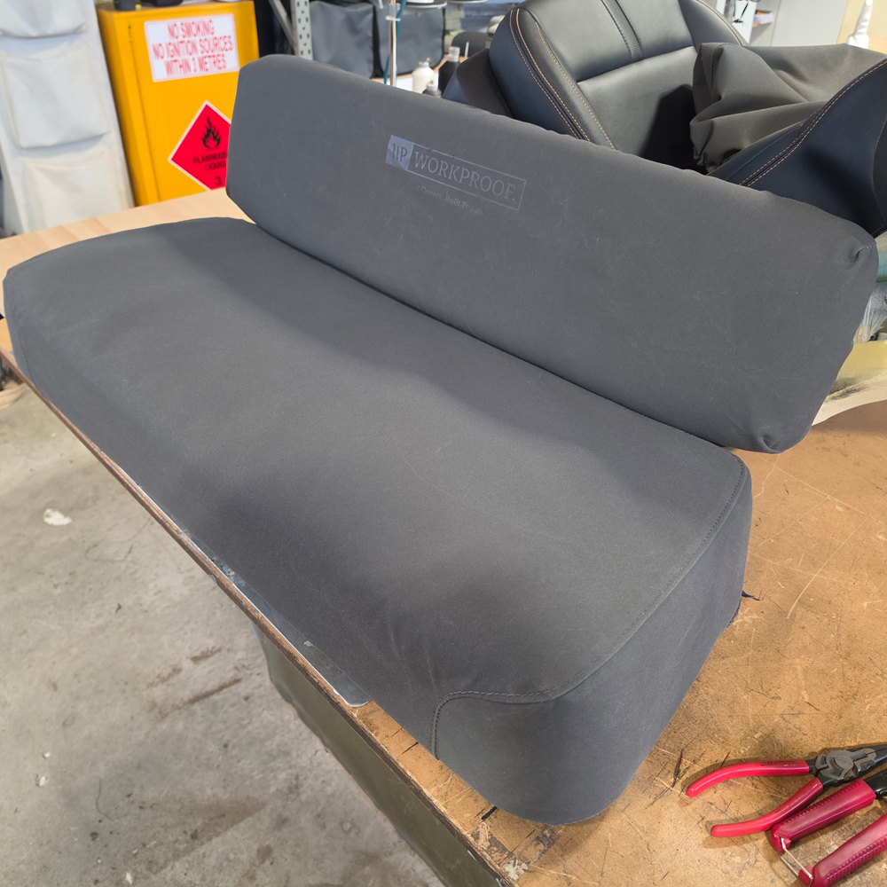 Side view of Kawasaki MULE 600, 610 and SX fitted with Workproof charcoal heavy-duty canvas seat covers.