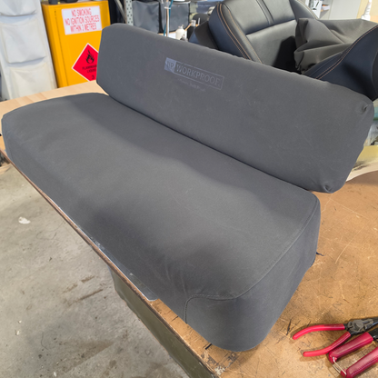 Side view of Kawasaki MULE 600, 610 and SX fitted with Workproof charcoal heavy-duty canvas seat covers.