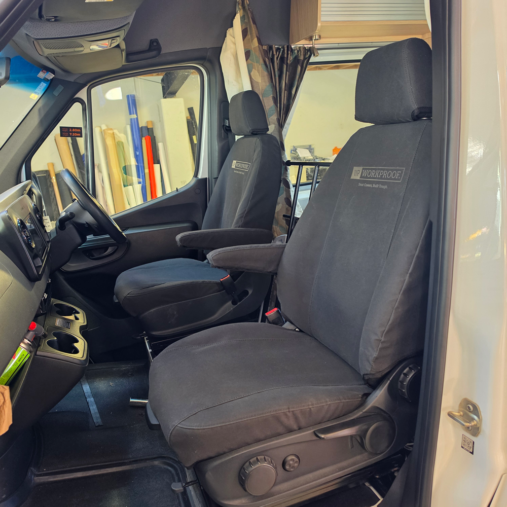 Mercedes-Benz Sprinter 2018+ van passenger seat fitted with a black WorkProof canvas seat cover featuring a custom WorkProof logo, providing durable protection and a precision-fit finish for commercial vehicles.