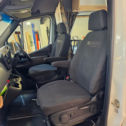 Mercedes-Benz Sprinter 2018+ van passenger seat fitted with a black WorkProof canvas seat cover featuring a custom WorkProof logo, providing durable protection and a precision-fit finish for commercial vehicles.