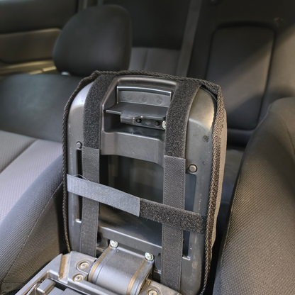 Inside view of Mitsubishi Triton 2014–2024 centre console fitted with a custom Workproof canvas cover.