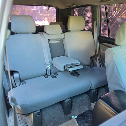 Toyota Land Cruiser Prado 2003–2009 charcoal canvas rear seat covers, custom-fit Workproof canvas seat covers with factory-style fit.